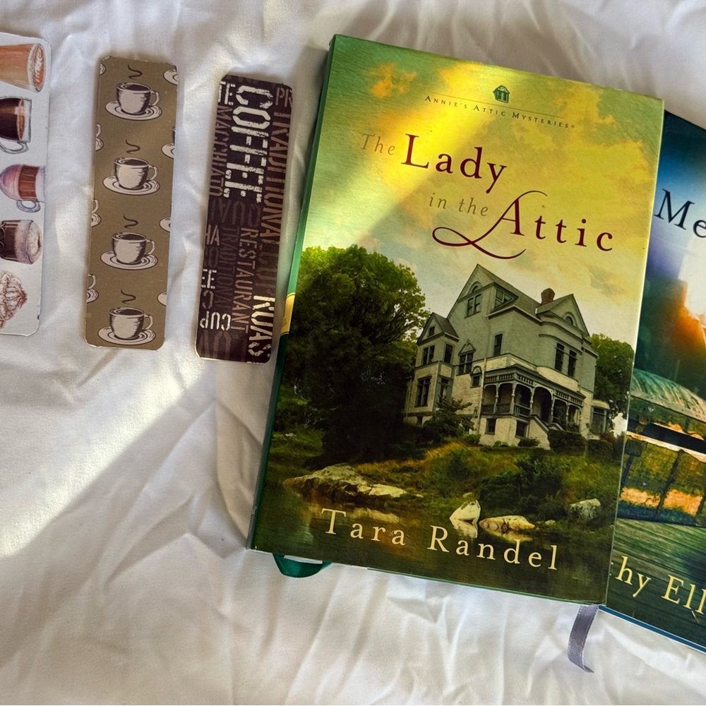 Annie’s Attic Mysteries Lot 2 Books w/ 3 Handmade Wooden Coffee Themed Bookmarks